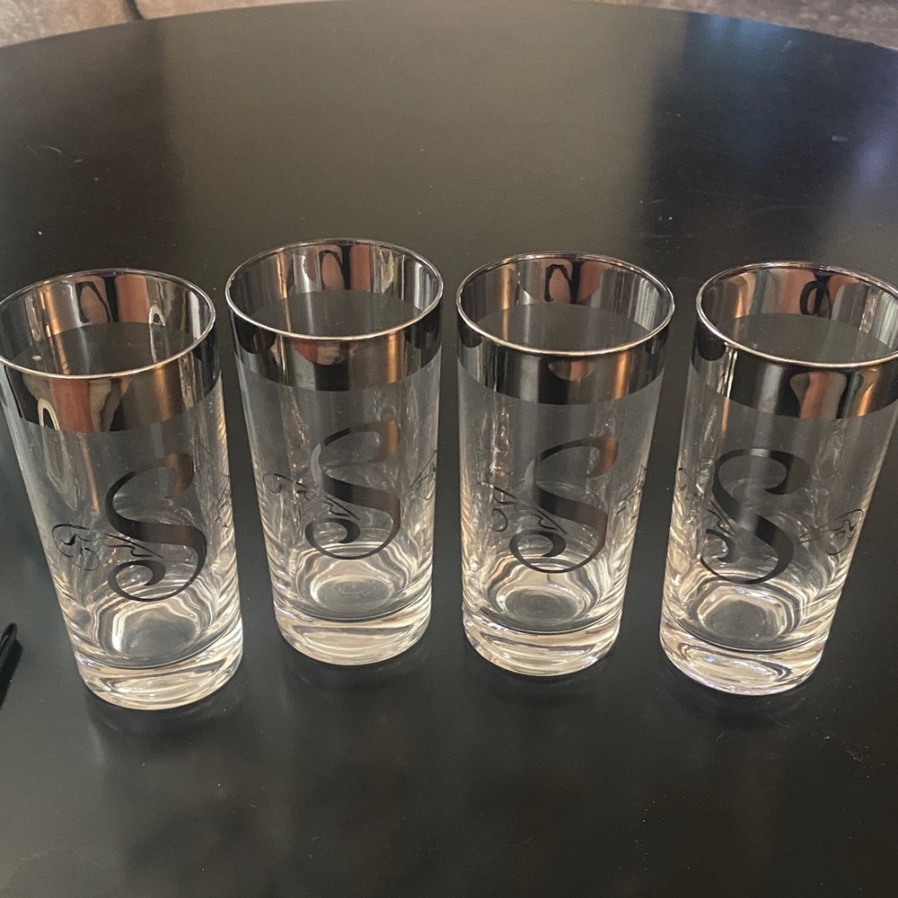 Set of 4 MCM Clear Highball Dorothy Thorpe Glasses with Silver Rim MONOGRAM S